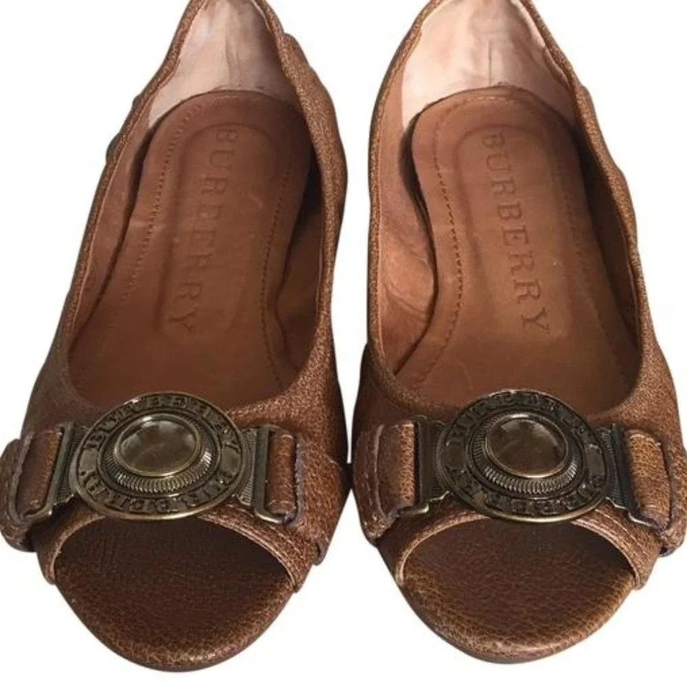 Burberry luxury‎ Leather Medallion Peep Toe flats loafers vintage shoes